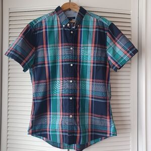 Tommy Hilfiger Short Sleeve Plaid Button Down 100% Cotton Custom Fit Shirt XL
